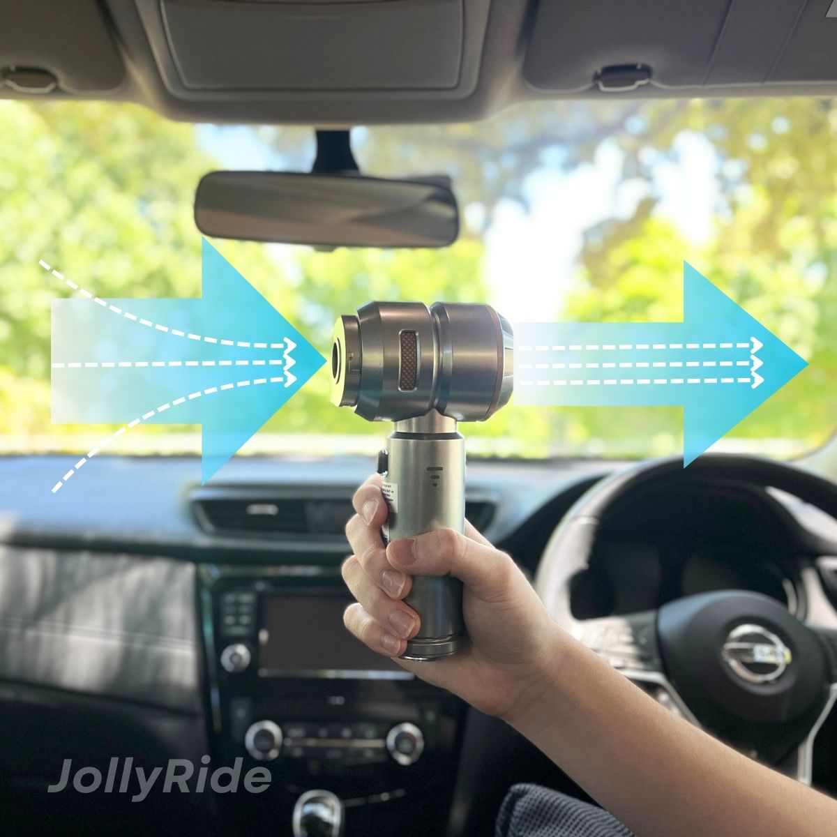 JollyRide Blow-Vac 4-in-1 car vacuum blower function showing strong airflow for dust and crumbs removal inside a car
