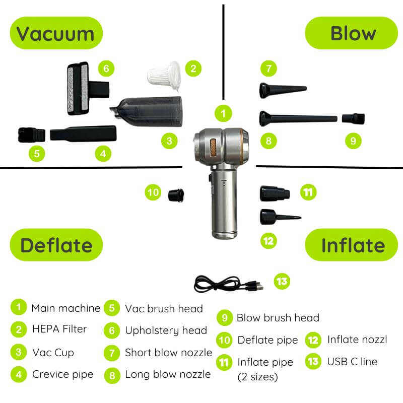 JollyRide Blow-Vac 4-in-1 handheld car vacuum with full set of attachments and accessories for vacuum, blower, inflator, and deflator functions
