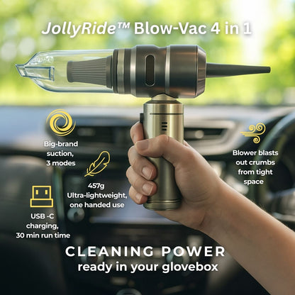 Handheld JollyRide Blow-Vac 4-in-1 car vacuum in use inside a car, showing lightweight one-hand cleaning with strong suction for easy car cleaning