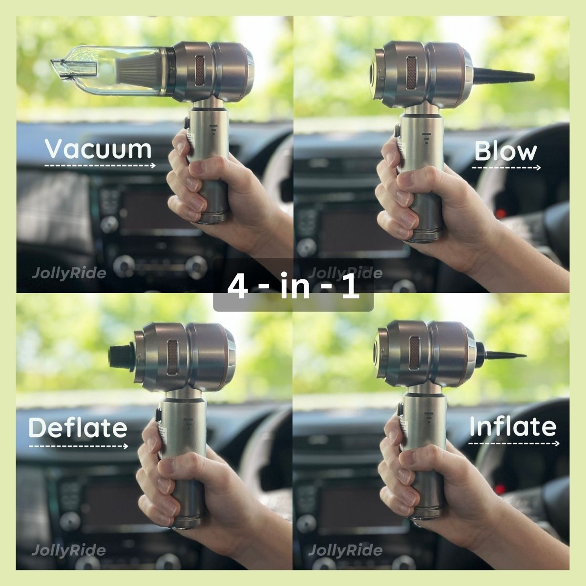Diagram showing JollyRide Blow-Vac 4-in-1 car vacuum functions: vacuum, blower, inflator, and deflator