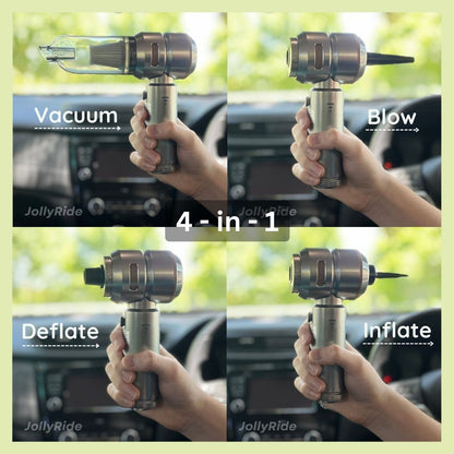 Diagram showing JollyRide Blow-Vac 4-in-1 car vacuum functions: vacuum, blower, inflator, and deflator